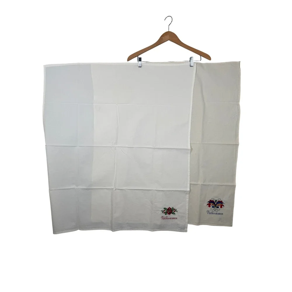 Scandinavian Theme Tea Towels White Embroidered Folk Art Valkommen 35